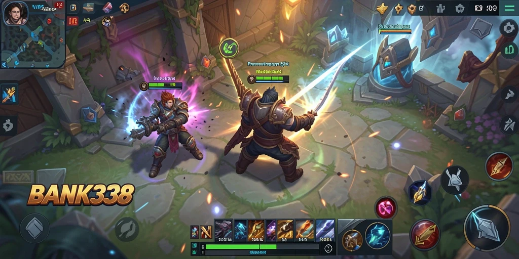 Screenshot BANK338 menampilkan aksi pertarungan MOBA yang mendebarkan.