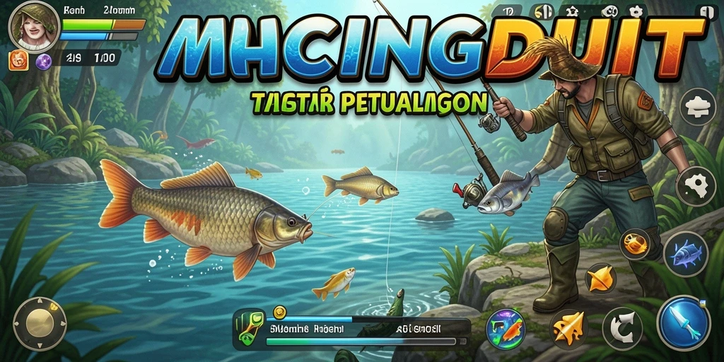 Tampilan gameplay MANCINGDUIT dengan aksi memancing yang seru.