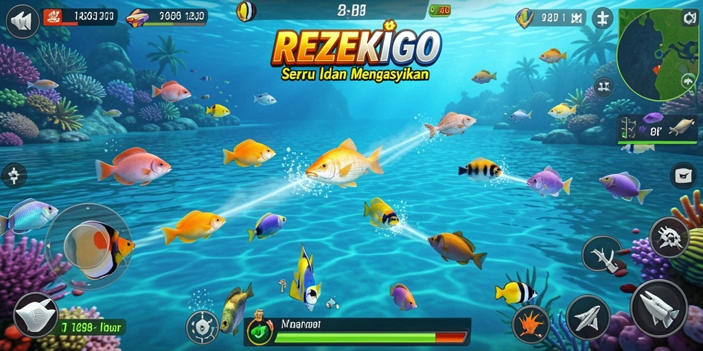 Tampilan gameplay seru dalam REZEKIGO saat menangkap ikan.